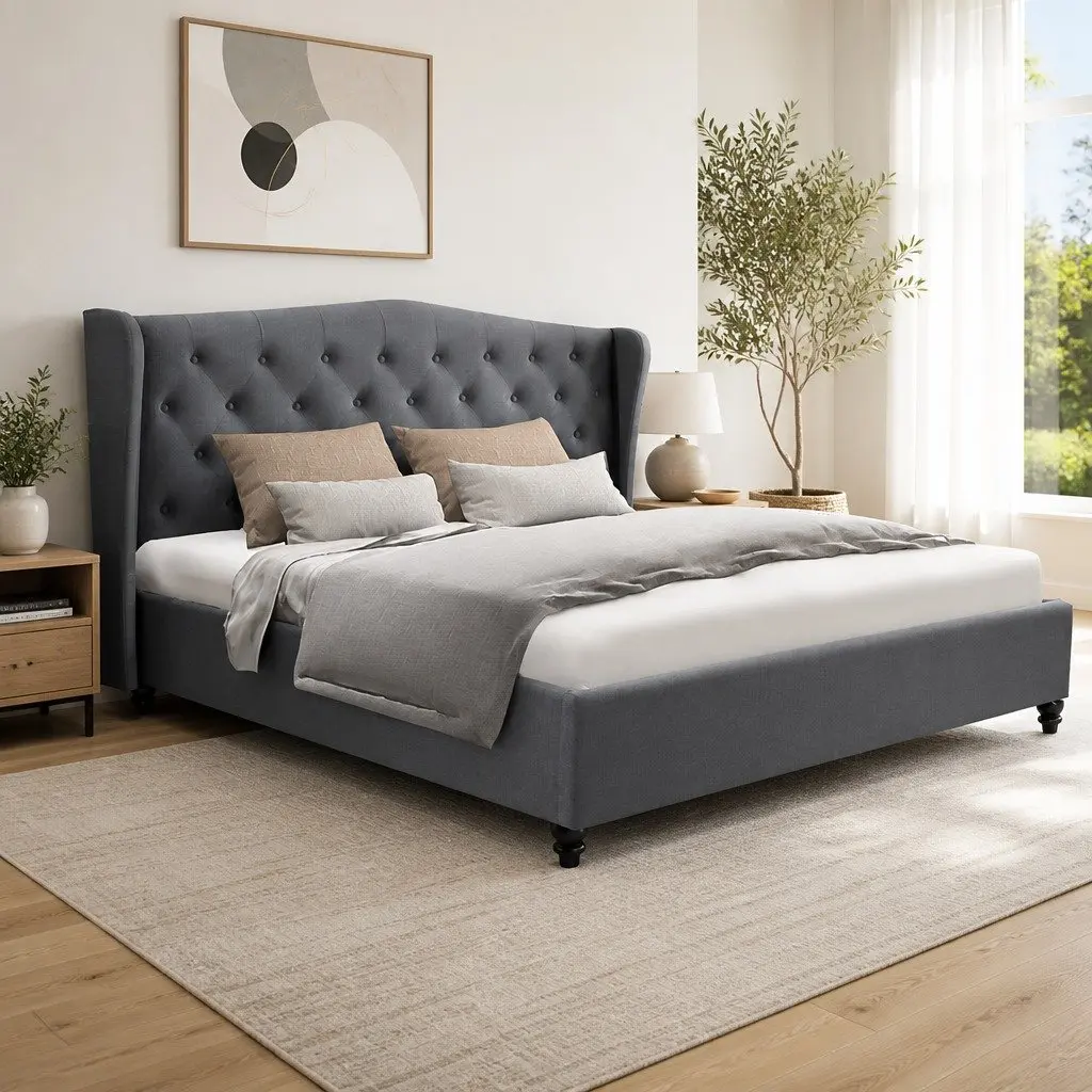 Grey Upholstered Queen Bed Frame
