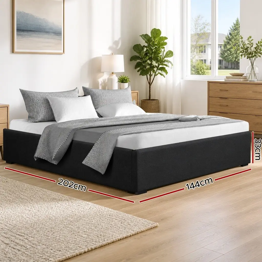 Double Size Gas Lift Bed Frame with Storage Base Charcoal Wooden Slats