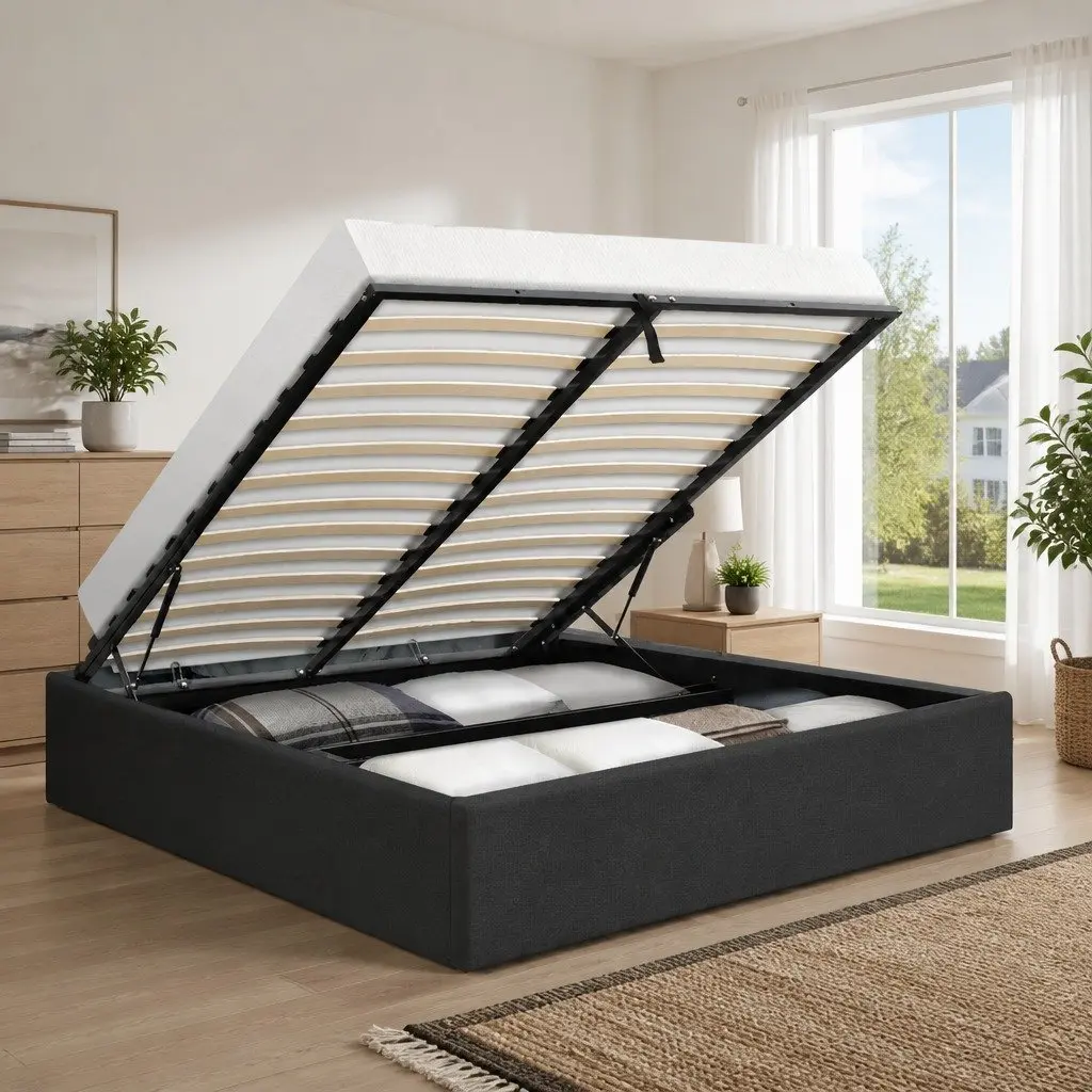 Double Size Gas Lift Bed Frame with Storage Base Charcoal Wooden Slats