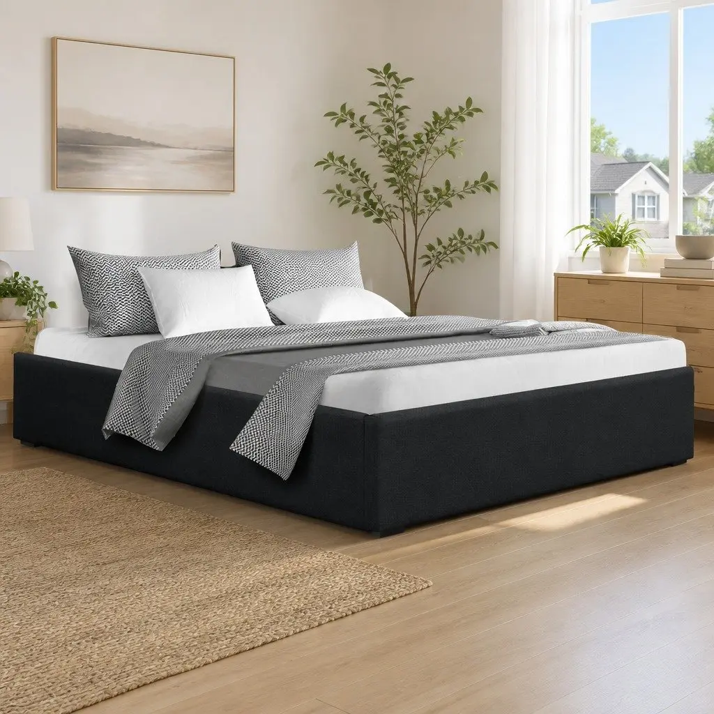 Double Size Gas Lift Bed Frame with Storage Base Charcoal Wooden Slats