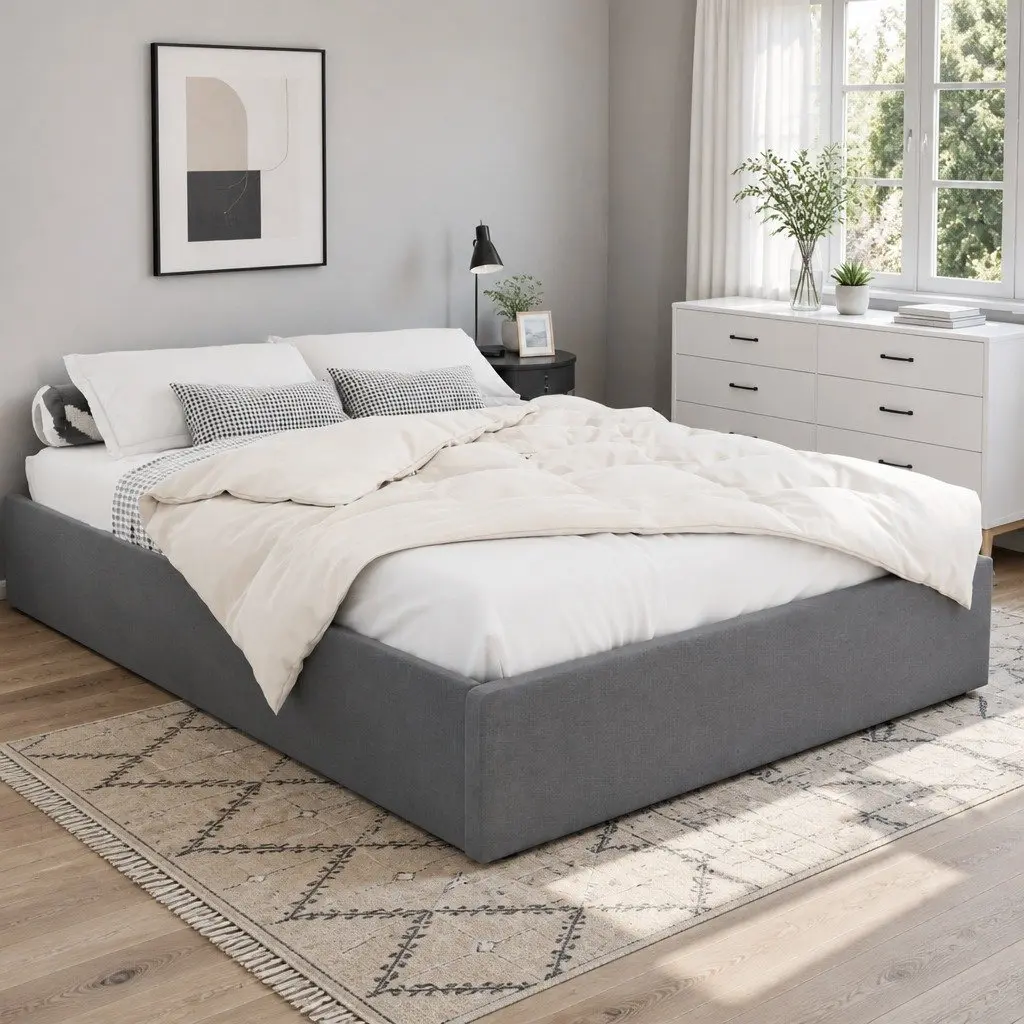 Queen Size Bed Frame Grey Gas Lift Storage Wooden Slat Base with Foam Padding