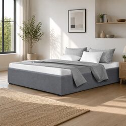 Double Bed Frame Gas Lift Storage Grey Wooden Slat Base Queen Size Bedroom