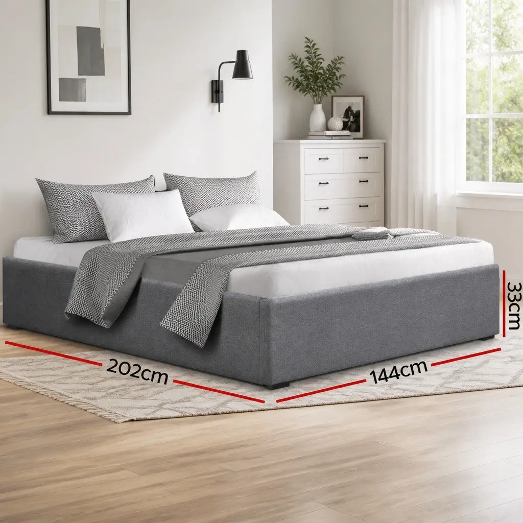 Queen Size Bed Frame Grey Gas Lift Storage Wooden Slat Base with Foam Padding