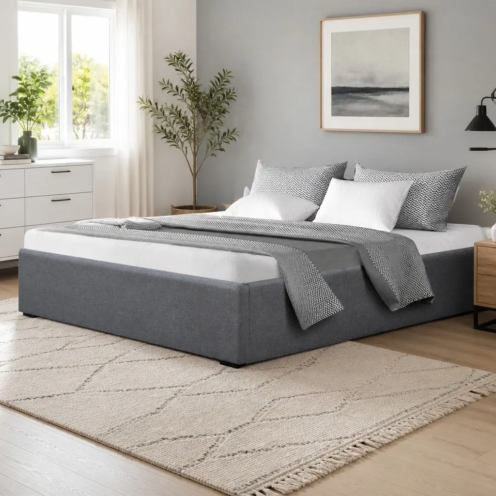 Queen Size Bed Frame Grey Gas Lift Storage Wooden Slat Base with Foam Padding