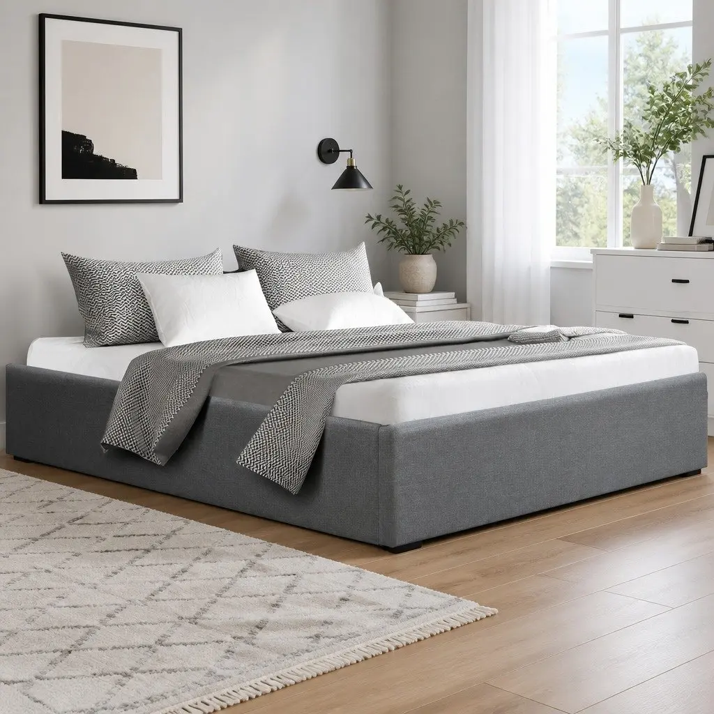 Queen Size Bed Frame Grey Gas Lift Storage Wooden Slat Base with Foam Padding