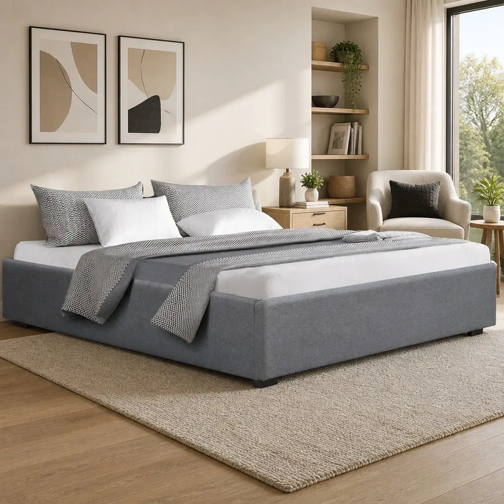 King Size Gas Lift Storage Bed Frame Grey Upholstered