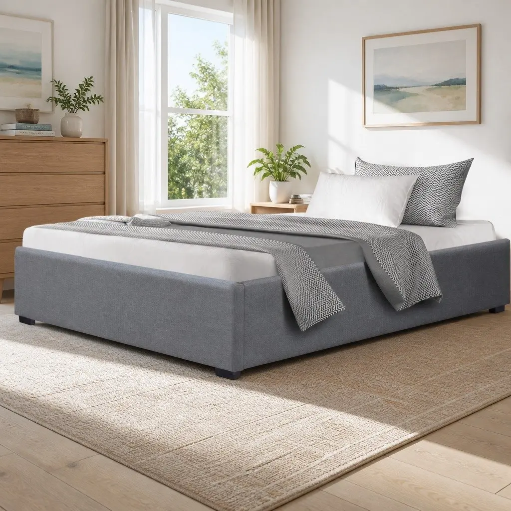 King Single Bed Frame Gas Lift Storage Base Grey Wooden Slats Steel Support