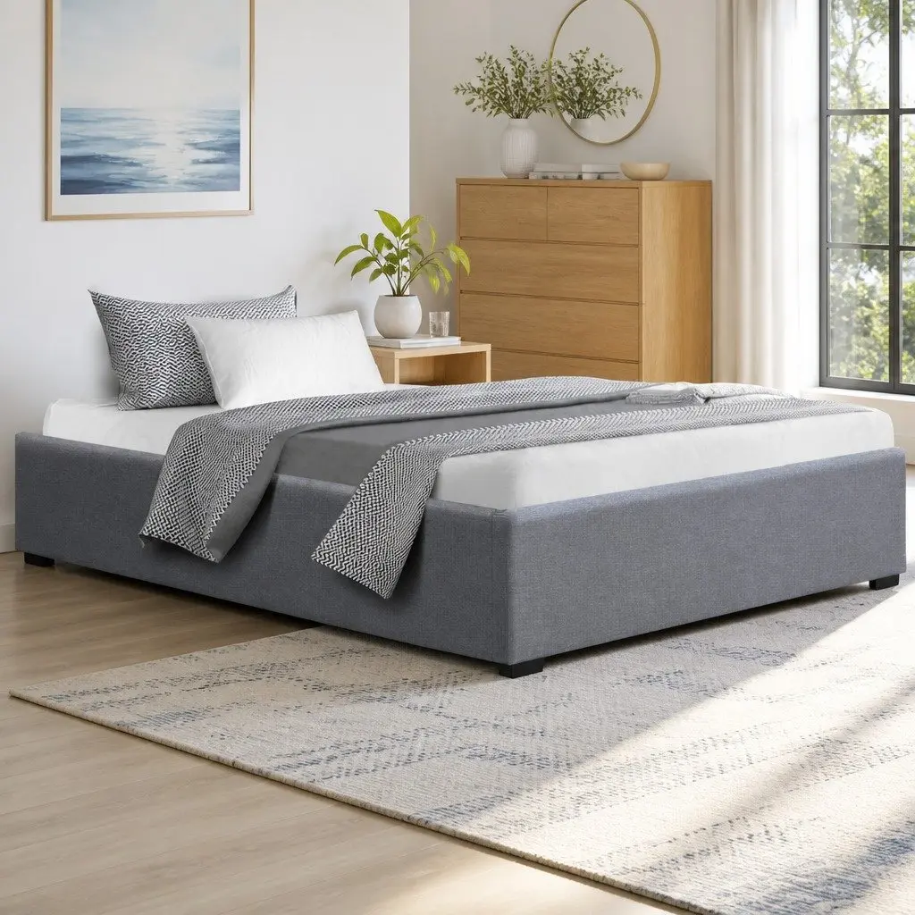 King Single Bed Frame Gas Lift Storage Base Grey Wooden Slats Steel Support