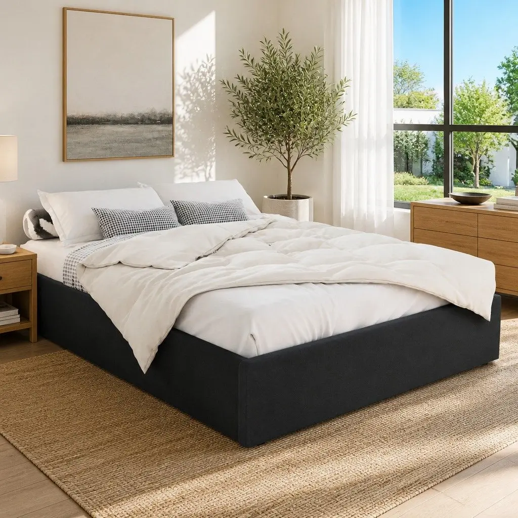 Gas Lift Queen Bed Frame Storage Base Wooden Slats Charcoal Upholstered