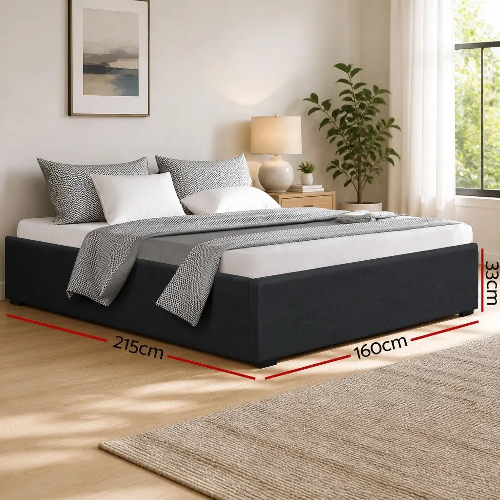 Gas Lift Queen Bed Frame Storage Base Wooden Slats Charcoal Upholstered