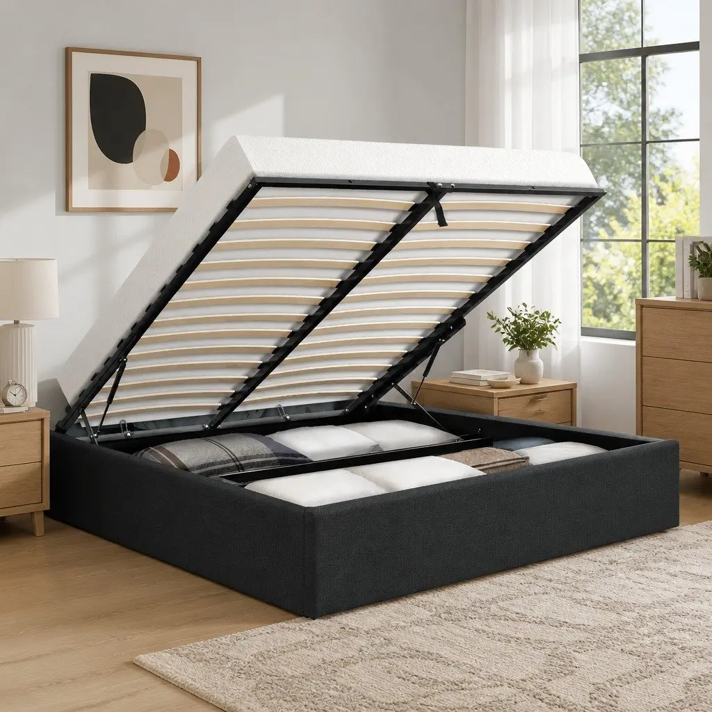 Gas Lift Queen Bed Frame Storage Base Wooden Slats Charcoal Upholstered