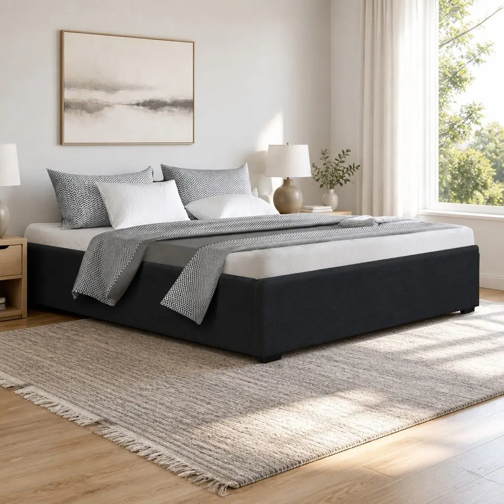 Gas Lift Queen Bed Frame Storage Base Wooden Slats Charcoal Upholstered