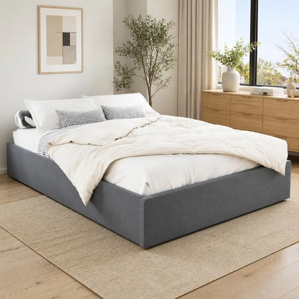 Queen Size Gas Lift Bed Frame with Storage Grey Linen Upholstered Platform Base