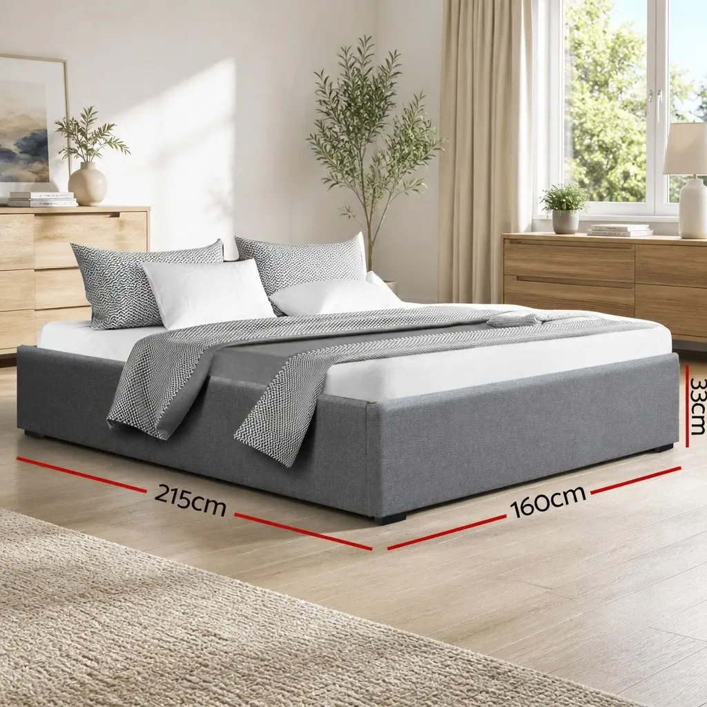 Queen Size Gas Lift Bed Frame with Storage Grey Linen Upholstered Platform Base
