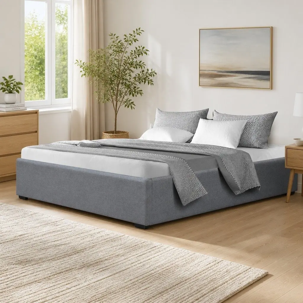 Queen Size Gas Lift Bed Frame with Storage Grey Linen Upholstered Platform Base