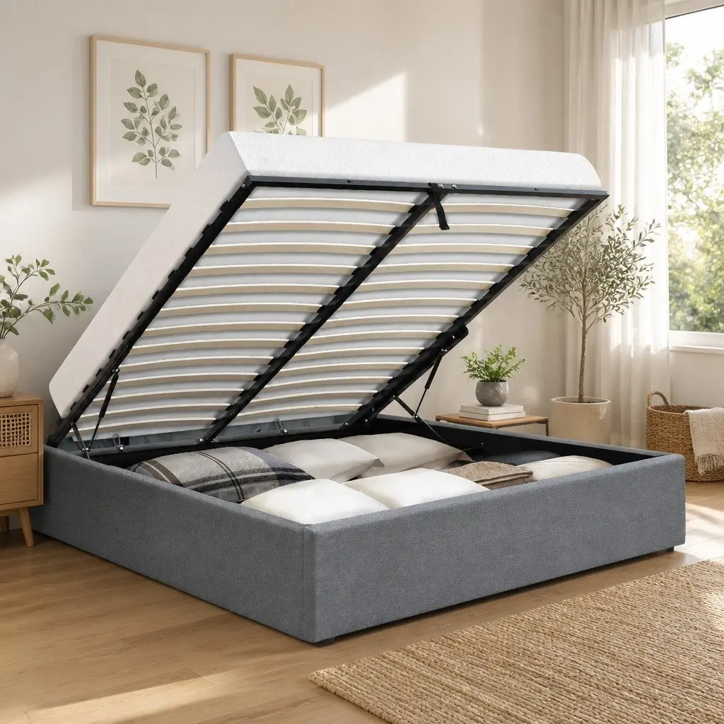 Queen Size Gas Lift Bed Frame with Storage Grey Linen Upholstered Platform Base