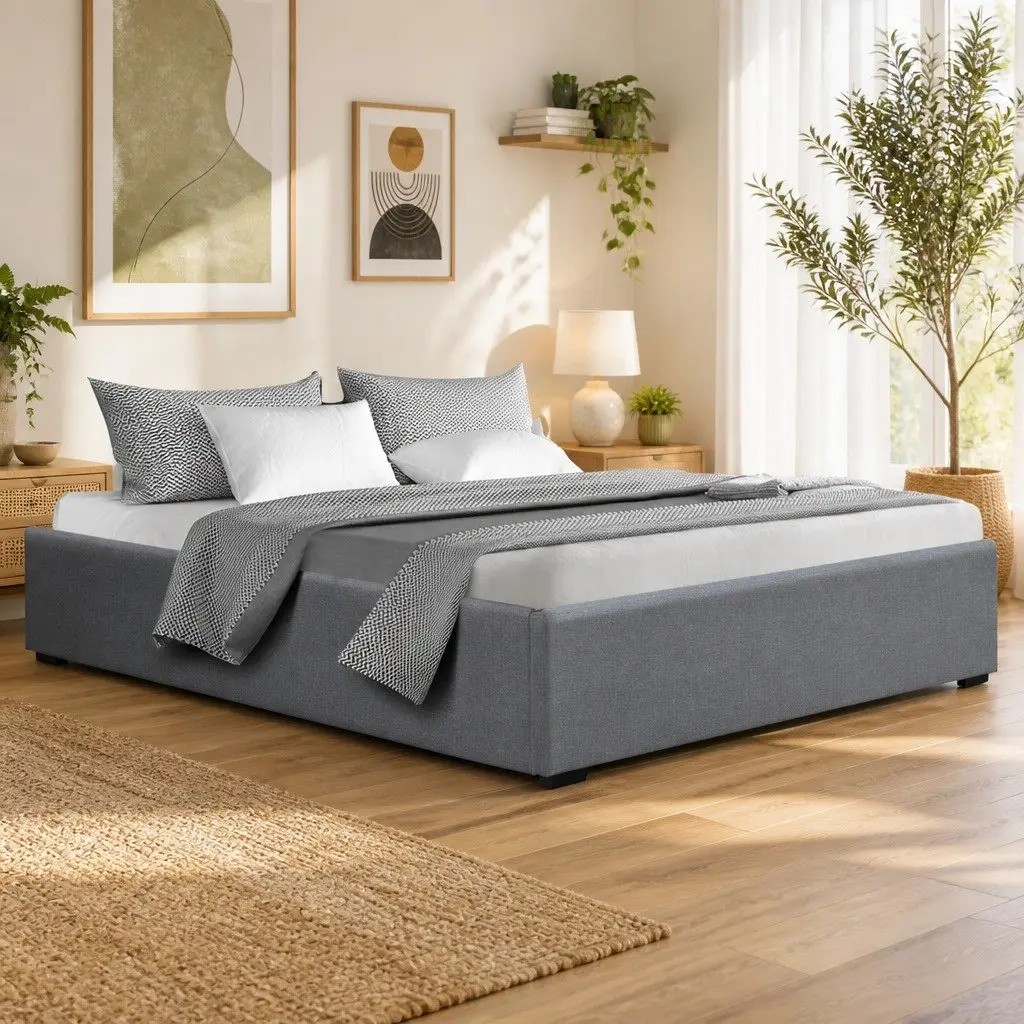 Queen Size Gas Lift Bed Frame with Storage Grey Linen Upholstered Platform Base