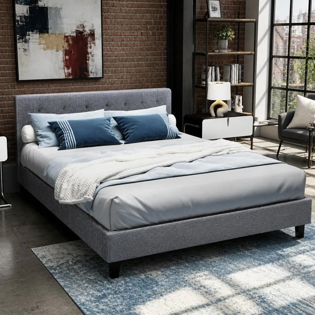 Double Bed Frame Grey Upholstered Headboard Wooden Slats Metal Legs Bedroom