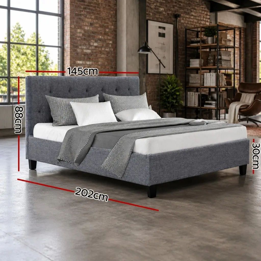 Double Bed Frame Grey Upholstered Headboard Wooden Slats Metal Legs Bedroom