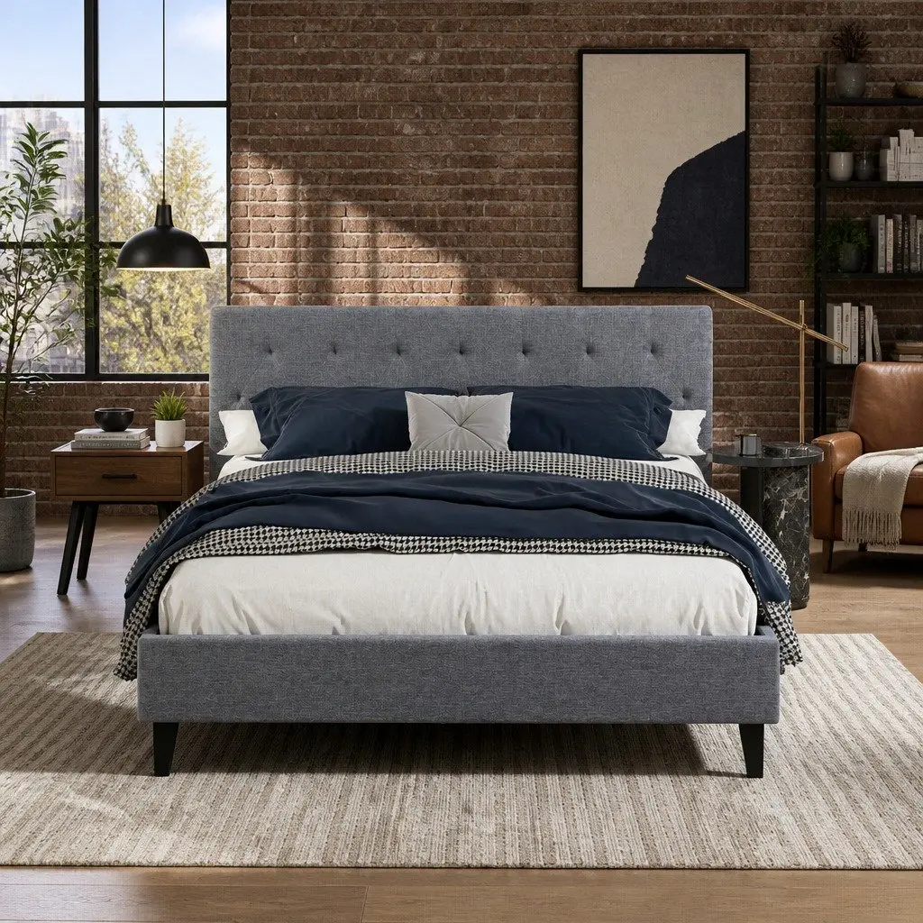 Grey Upholstered Queen Bed Frame