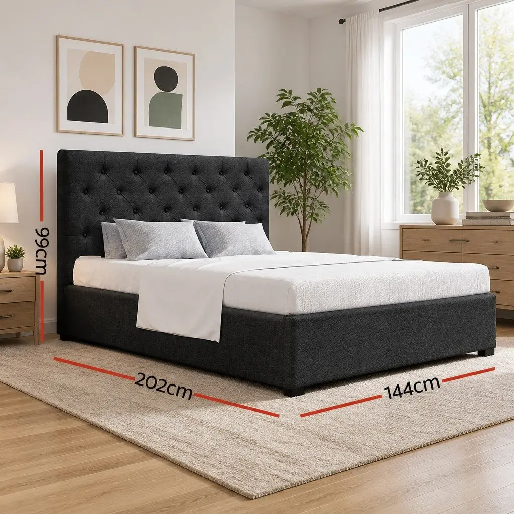 Double Size Gas Lift Bed Frame with Storage Charcoal Tufted Headboard Wooden