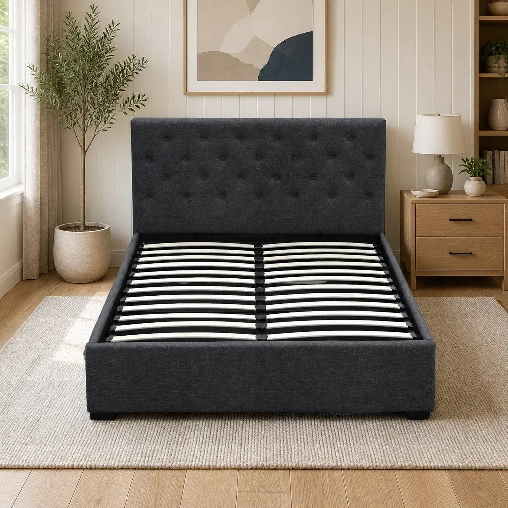 Double Size Gas Lift Bed Frame with Storage Charcoal Tufted Headboard Wooden