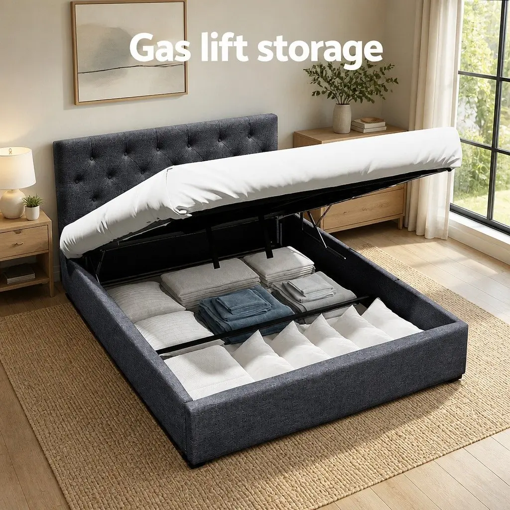 Double Size Gas Lift Bed Frame with Storage Charcoal Tufted Headboard Wooden