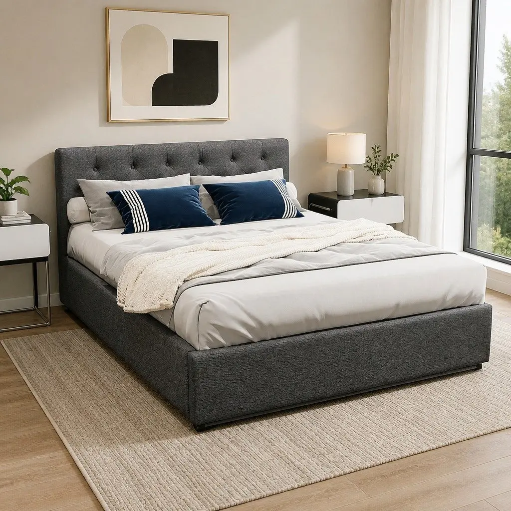 Double Size Gas Lift Bed Frame with Storage Charcoal Tufted Headboard Wooden