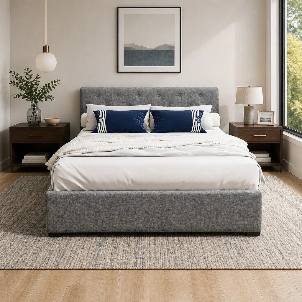 Double Size Gas Lift Bed Frame Grey Upholstered Storage Base Wooden Slat