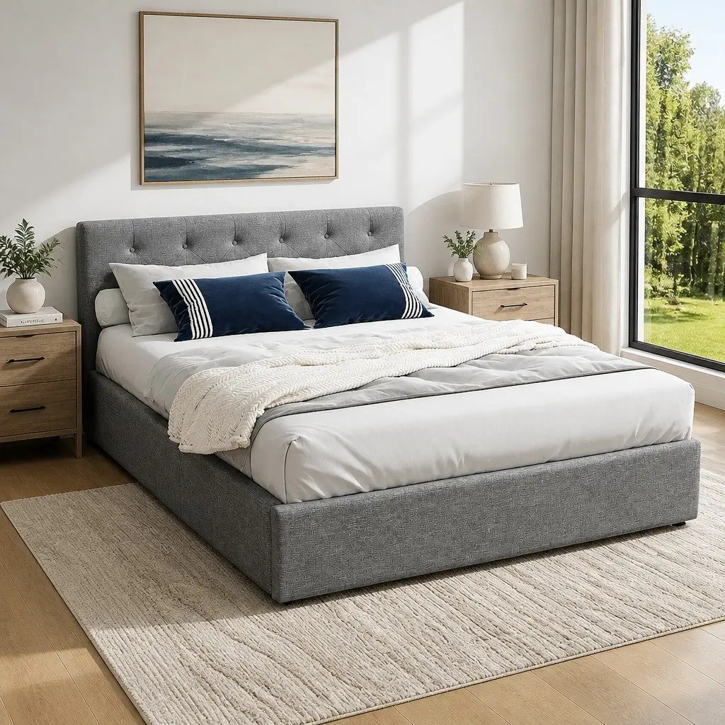 Double Size Gas Lift Bed Frame Grey Upholstered Storage Base Wooden Slat