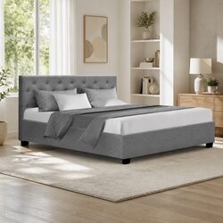 Queen Size Bed Frame with Gas Lift Storage Wooden Slat Base Grey Bedroom