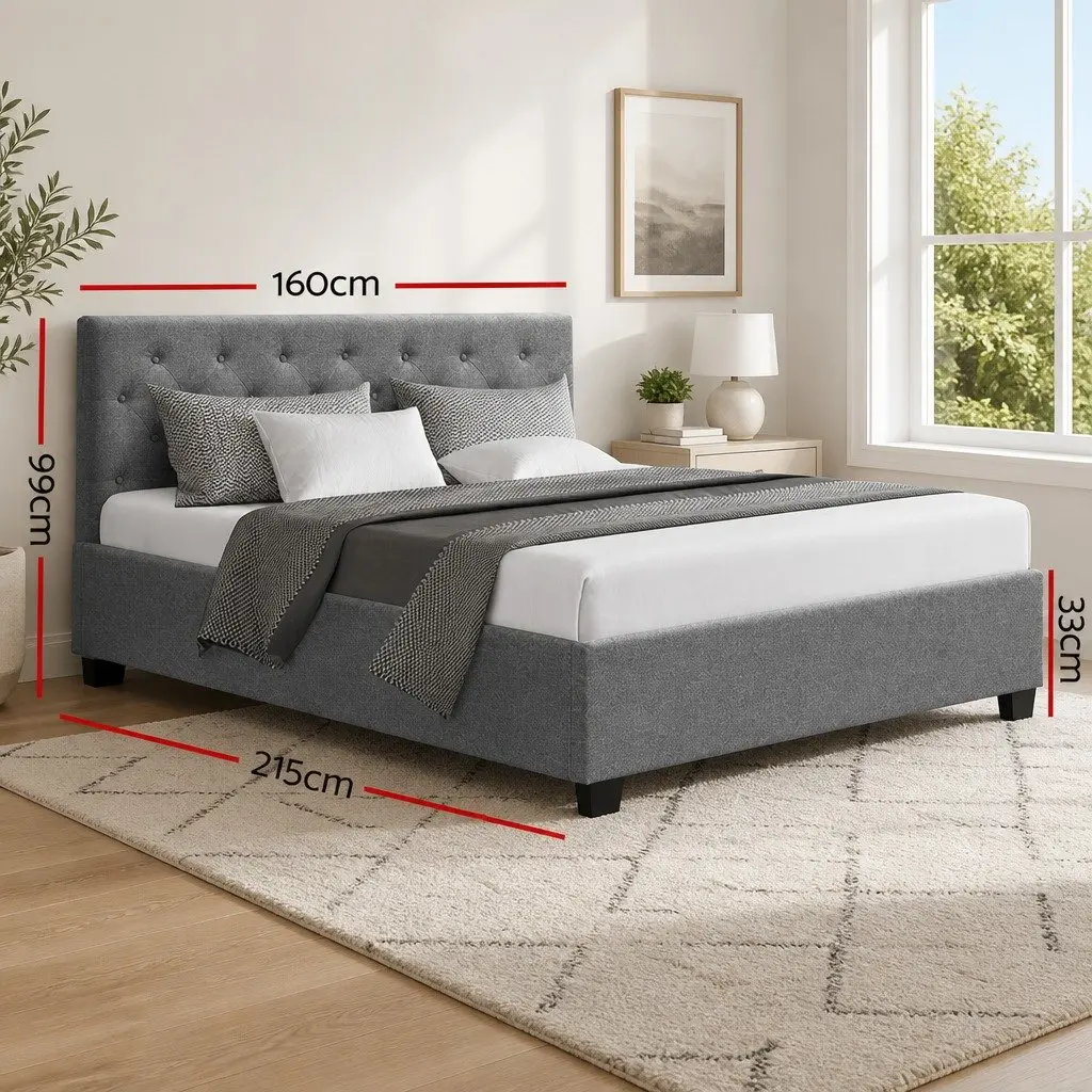 Queen Size Bed Frame Gas Lift Grey Upholstered Storage Furniture
