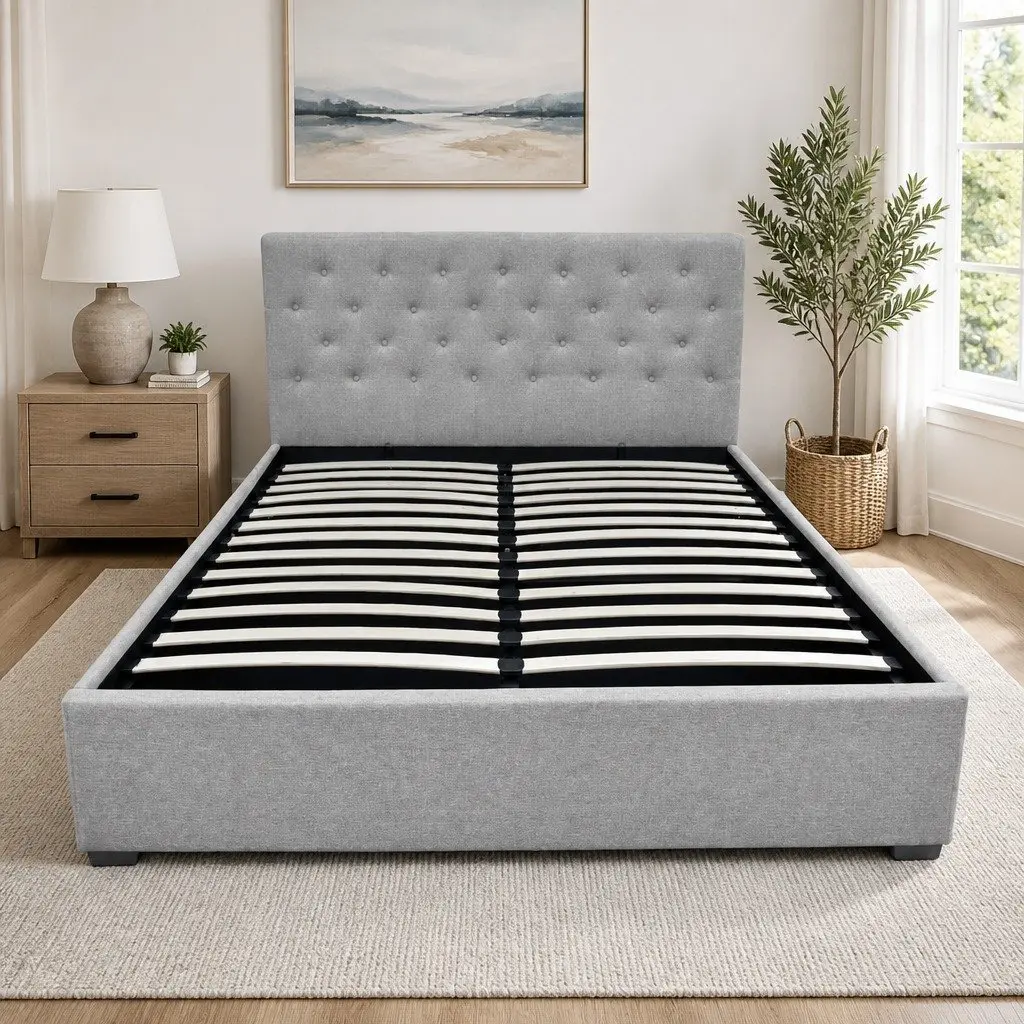 Queen Size Bed Frame Gas Lift Grey Upholstered Storage Furniture