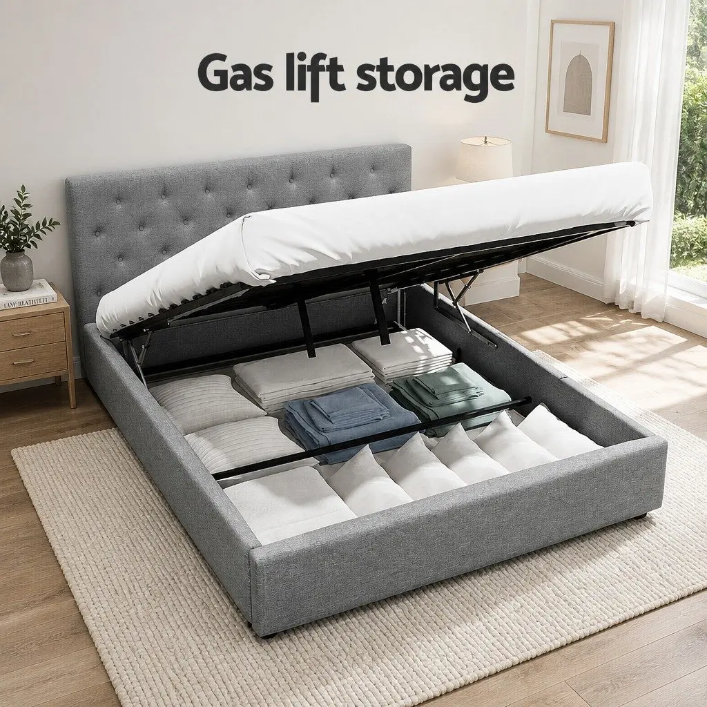 Queen Size Bed Frame Gas Lift Grey Upholstered Storage Furniture