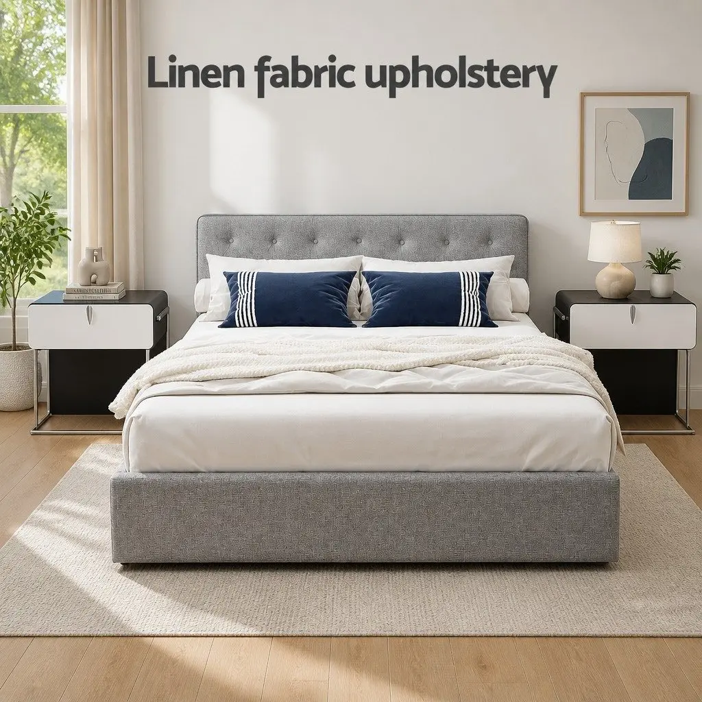 Queen Size Bed Frame Gas Lift Grey Upholstered Storage Furniture