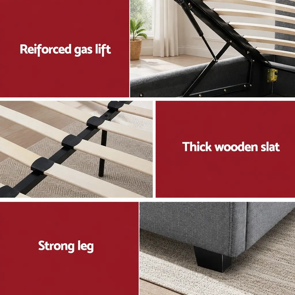 Queen Size Bed Frame Gas Lift Grey Upholstered Storage Furniture