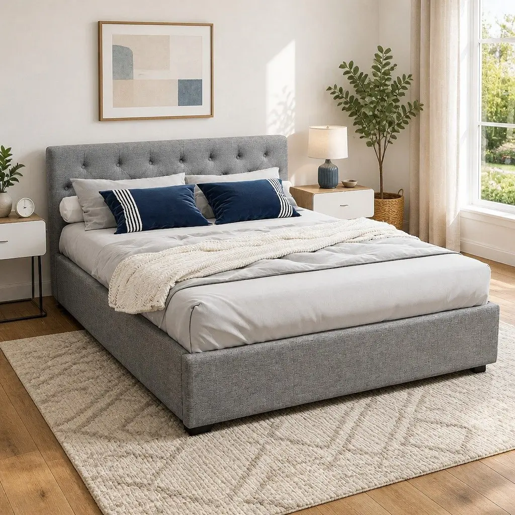 Queen Size Bed Frame Gas Lift Grey Upholstered Storage Furniture