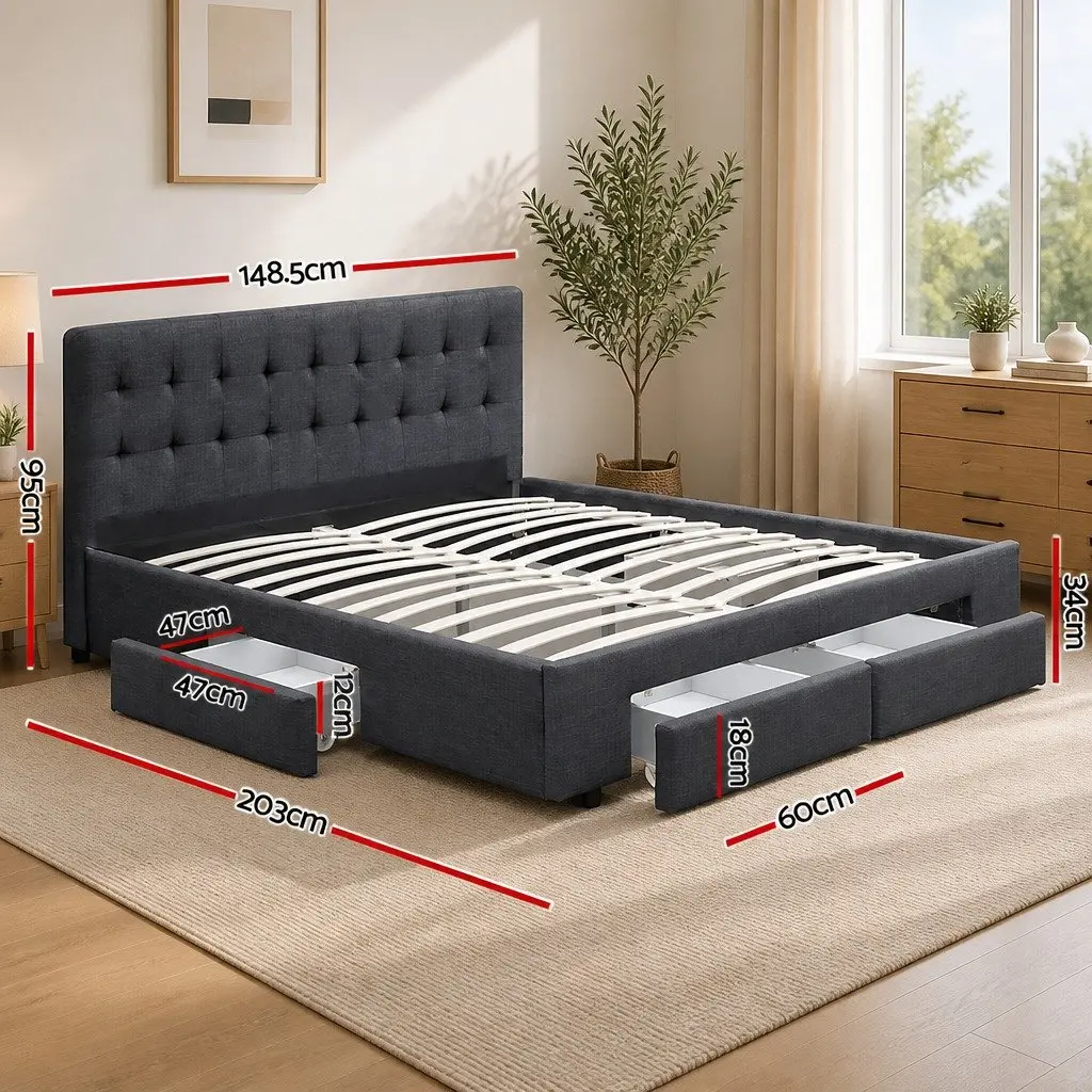 Double Bed Frame Grey Upholstered Headboard with 4 Storage Drawers 203cm x 148.5cm x 95cm