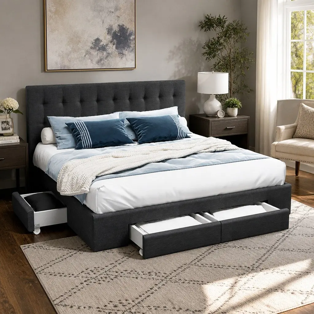King Size Bed Frame Charcoal Grey Upholstered Platform with 4 Storage Drawers