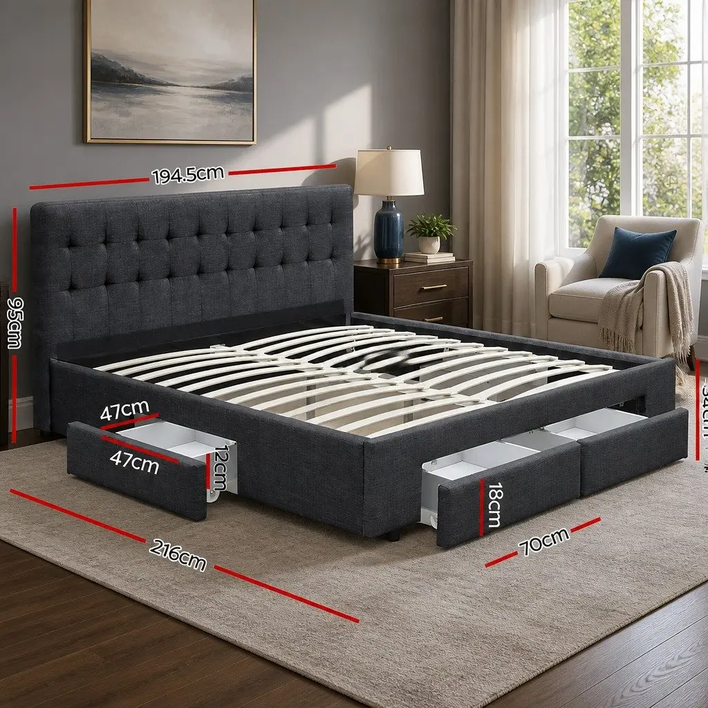 King Size Bed Frame Charcoal Grey Upholstered Platform with 4 Storage Drawers