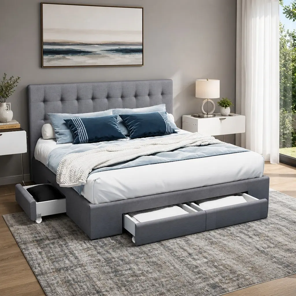 Grey King Size Bed Frame with Ample Storage