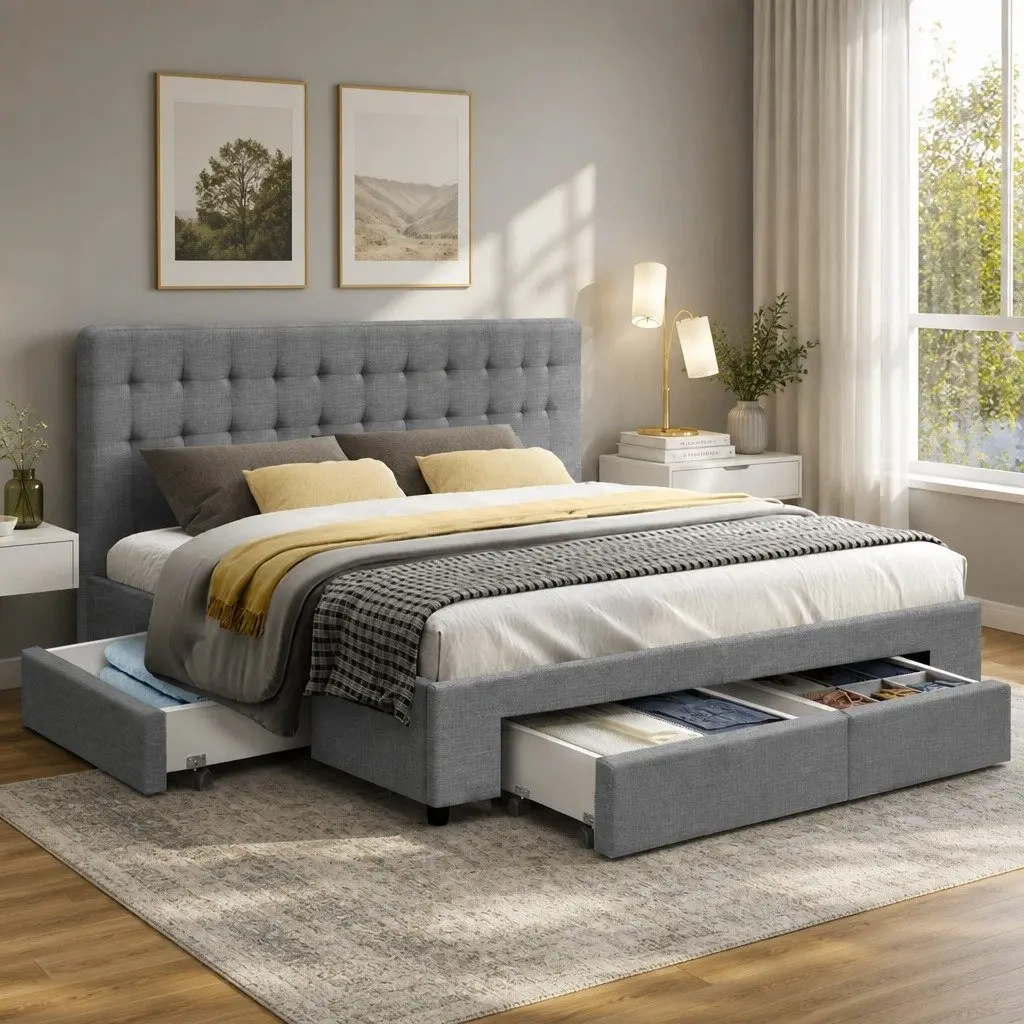Grey King Size Bed Frame with Ample Storage