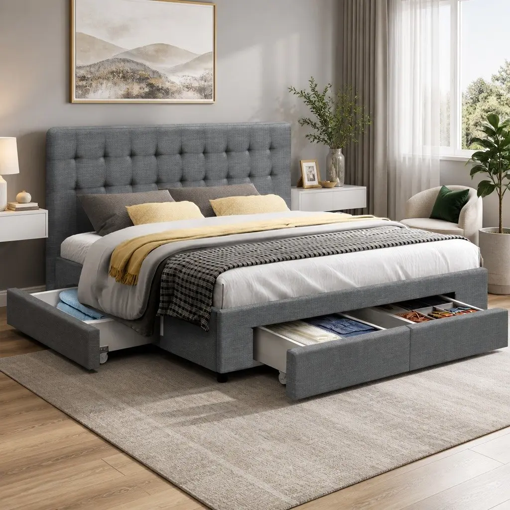 Grey King Size Bed Frame with Ample Storage