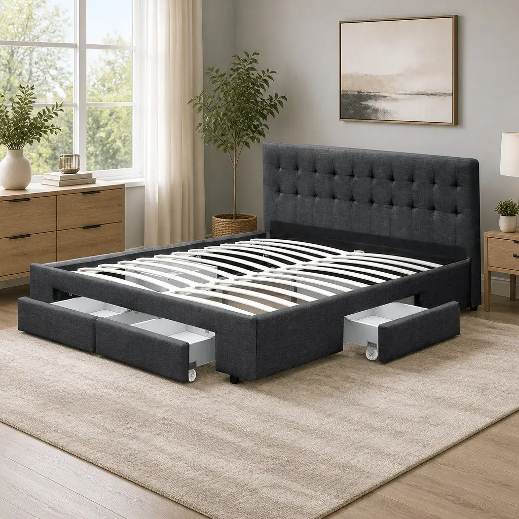 Queen Size Bed Frame Charcoal Upholstered Tufted with 4 Storage Drawers