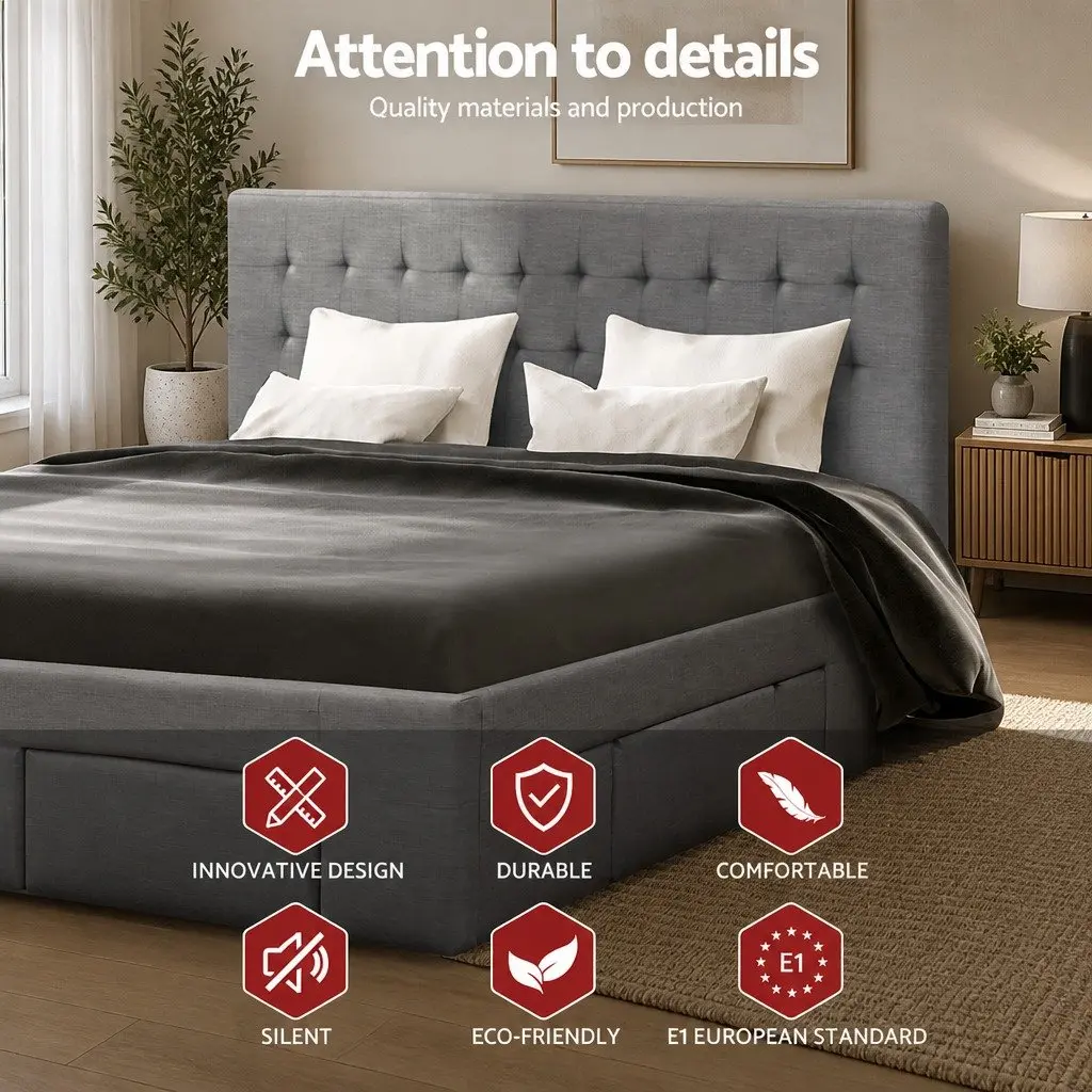 Queen Size Bed Frame with 4 Storage Drawers Tufted Headboard Grey Bedroom