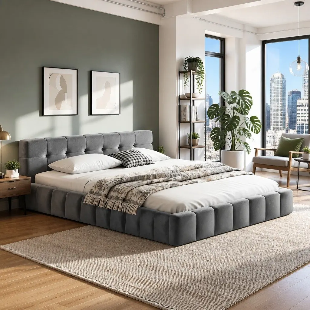 Double Bed Frame Grey Plush Velvet Headboard Modern Platform Base 151W x 204L x 60H cm