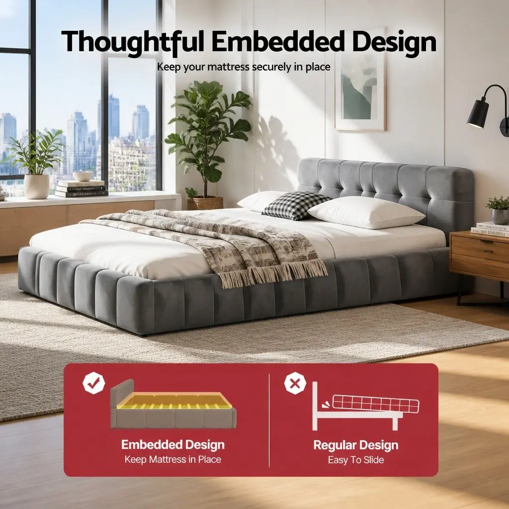 Double Bed Frame Grey Plush Velvet Headboard Modern Platform Base 151W x 204L x 60H cm