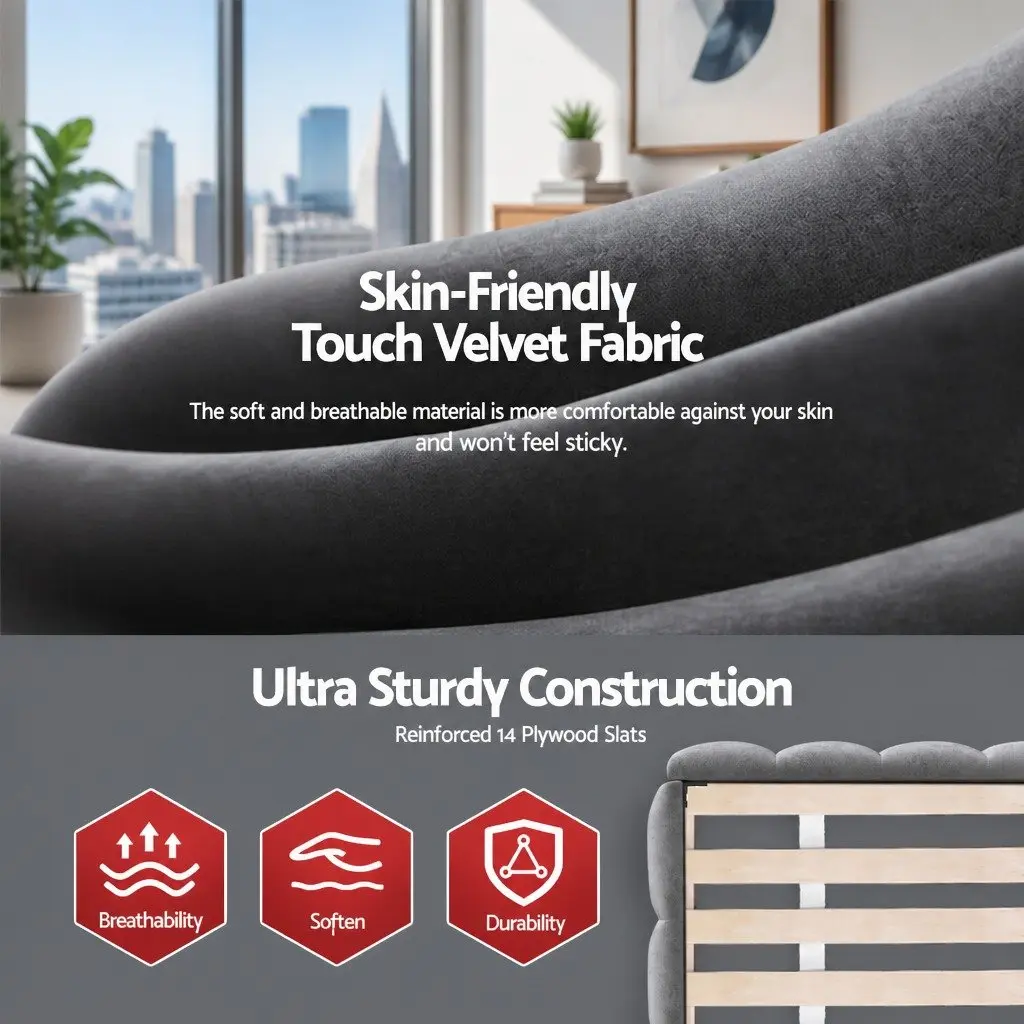Double Bed Frame Grey Plush Velvet Headboard Modern Platform Base 151W x 204L x 60H cm
