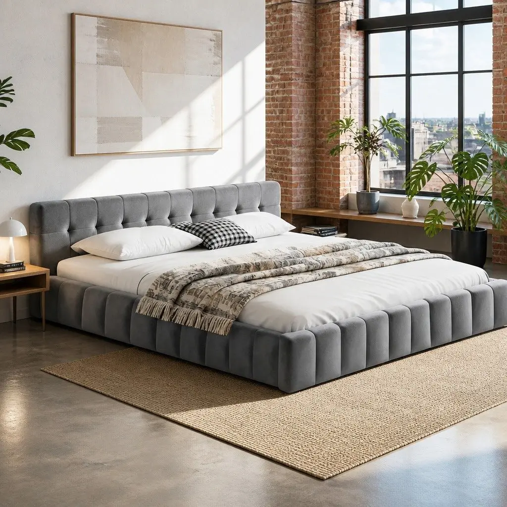 King Size Bed Frame in Grey Velvet