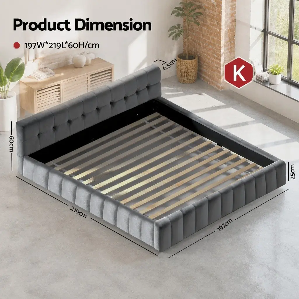 King Size Bed Frame in Grey Velvet